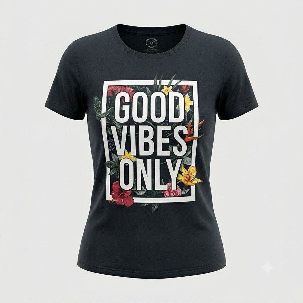 DOM Women's Good Vibes Only Graphic T-Shirt Size Large Black Floral Cotton Tee